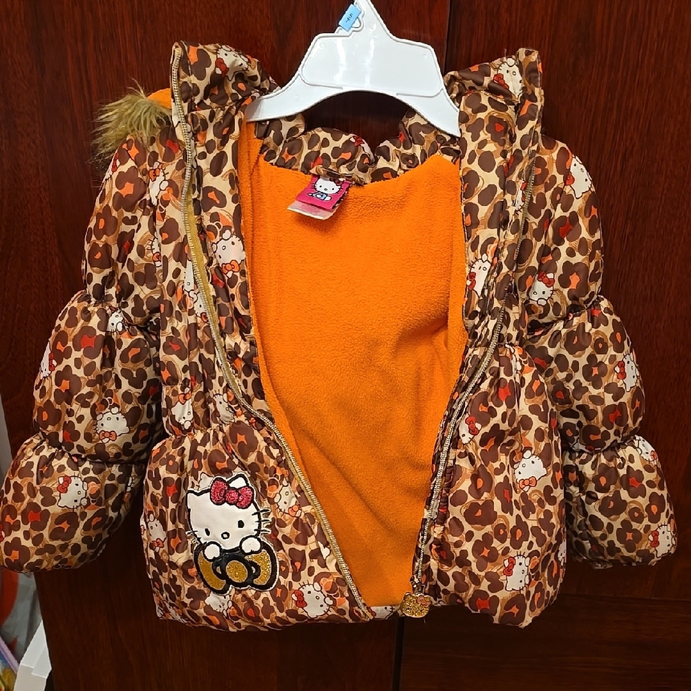 Hello Kitty Leopard Print Puffer Jacket - Brown and Orange